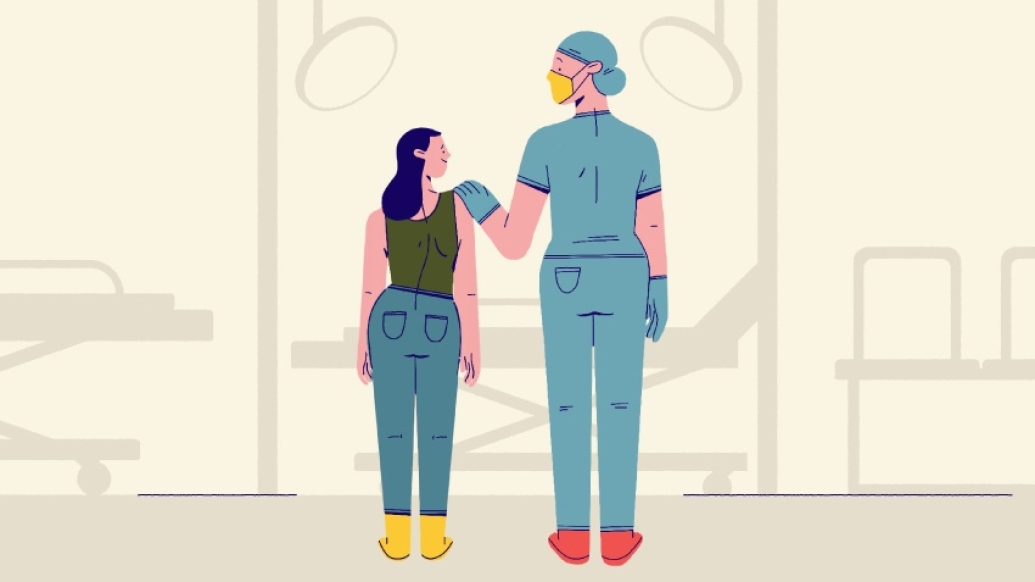 Child standing next to woman with hand on shoulder talking 