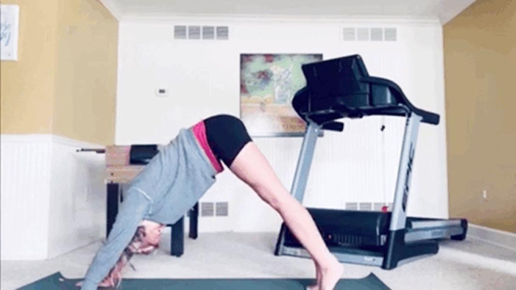 Girl doing downward dog yoga pose in her house