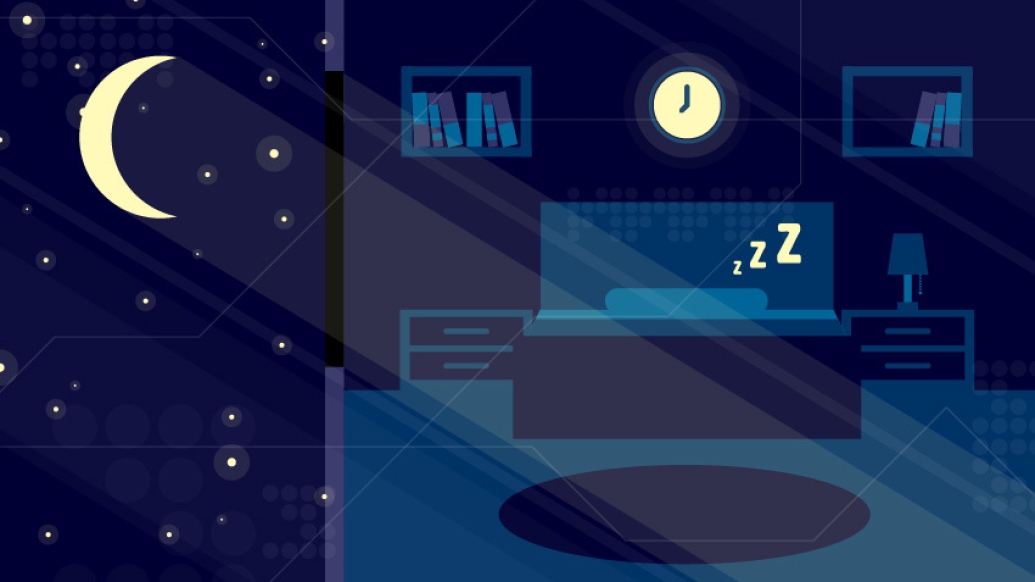 Dark blue kid's bedroom at night.