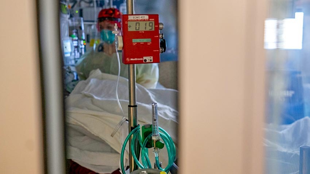 Photo of ECMO machine through small opening of door