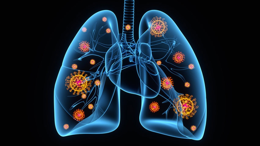 lungs drawn in blue with black background and red cells inside
