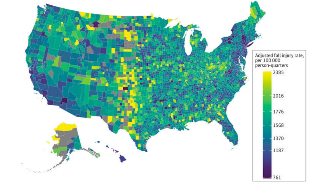 Map color coded with blues, yellow and green, color scale
