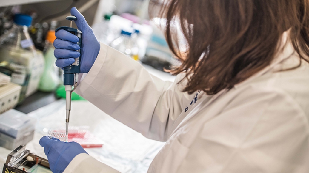 Close up of scientist using blue syringe with gloves for experiment.