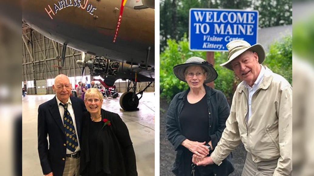 senior couple smiling outside standing together in two side by side photos