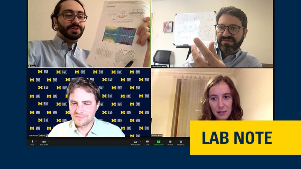 visual of four experts talking on a screen with the branding "lab note" on bottom right to indicate the section this story lives in on the blog