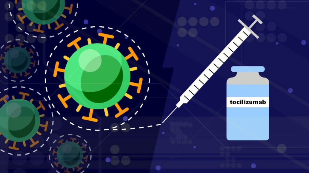 green and red cell on left and bottle of medicine with syringe on right