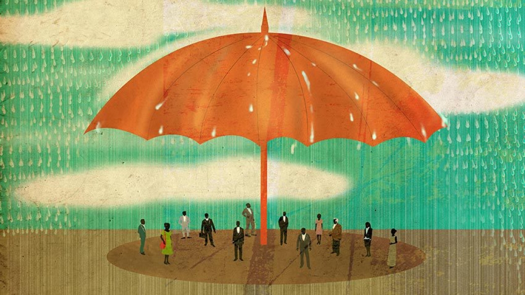 orange umbrella over small people figures on ground with rain clouds above