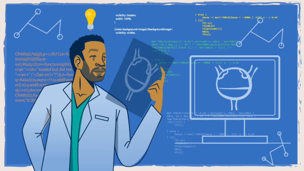 Doctor looking at x-ray in white lab coat, blue in background