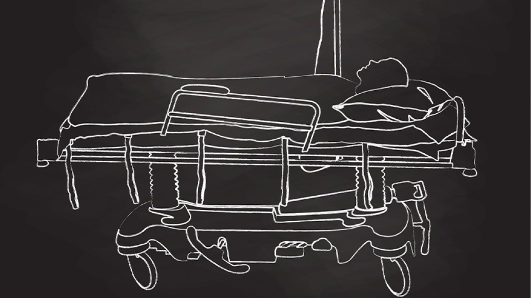 drawing of person on black background in white ink laying on a hospital bed 