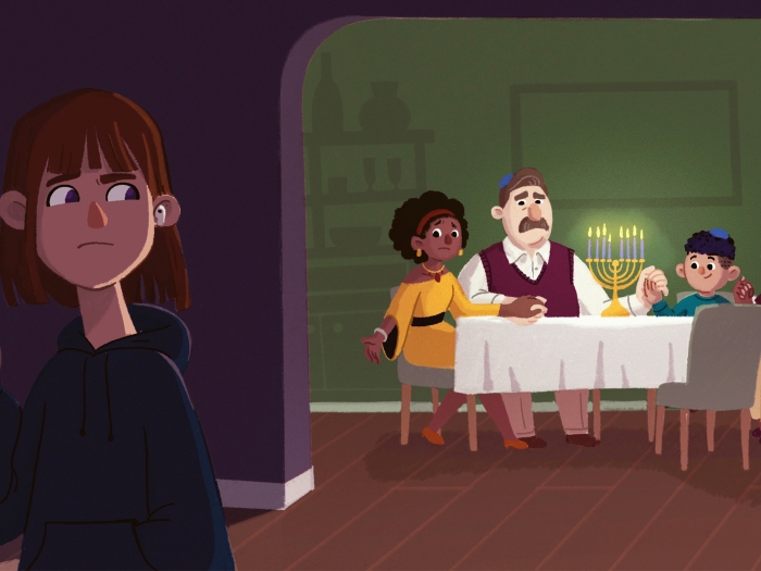 child looking at family outside of kitchen area