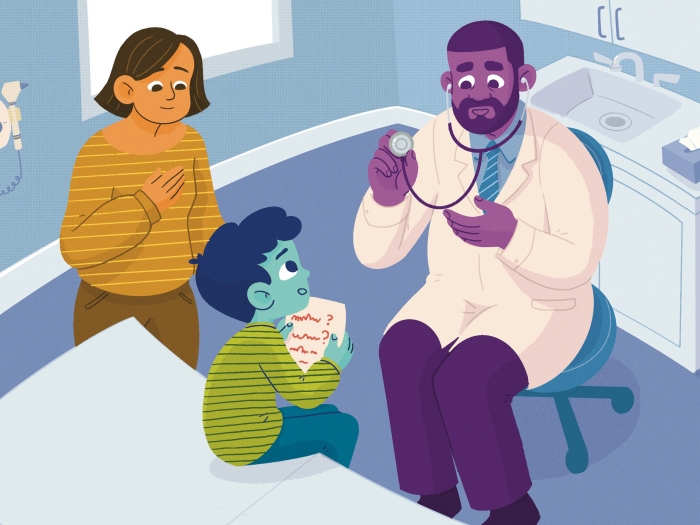 pediatrician talking with mother at exam questions