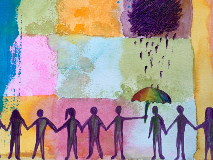 Watercolor Painting People Rain Umbrella
