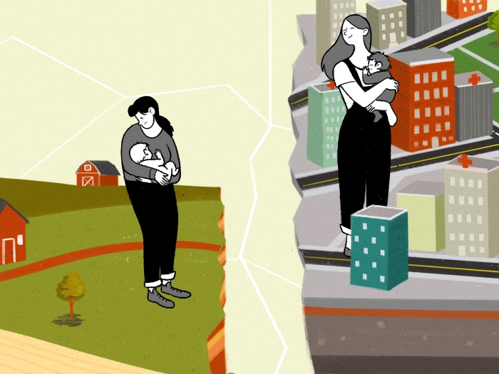 Woman holding baby on farm woman holding baby in city