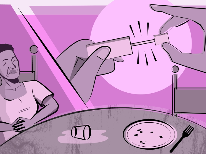 person with stomach pain purple and grey coloring and at home stool test