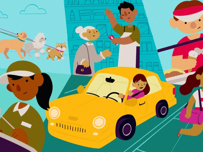 teens in different jobs all over yellow car in middle different jobs