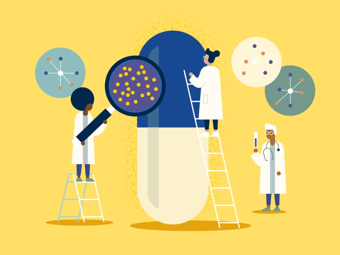 scientists working and doctors on pill research yellow blue white