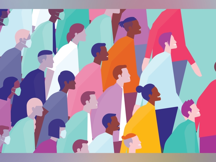 people walking all different colors light blue yellow pink purple orange