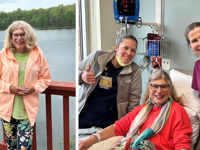 woman outside by water and woman with care team infusion