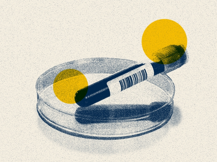 vial of blood in container lab blue yellow grainy graphic