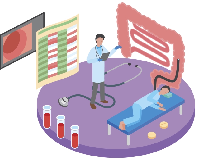 graphic drawing of colonoscopy scan with large intestine vials patient on bed doctor 
