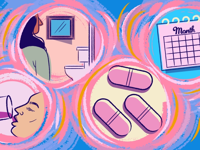 pink blue orange coloring woman looking at toilet, a calendar, a woman drinking purple drink, pink pills