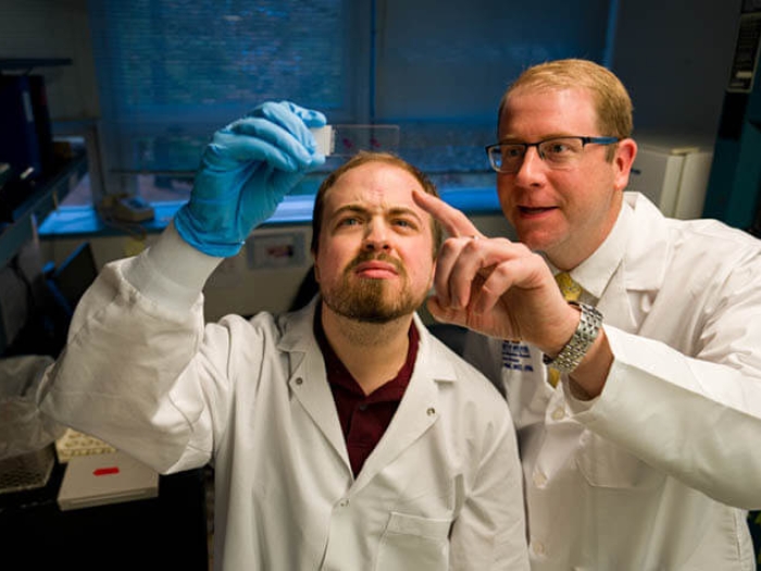 2 doctors looking at slide in lab
