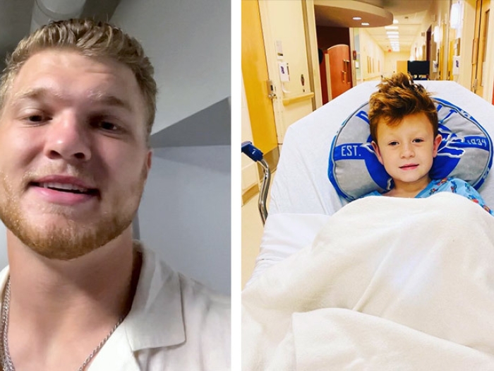 football player close up on left and child in hospital bed on right