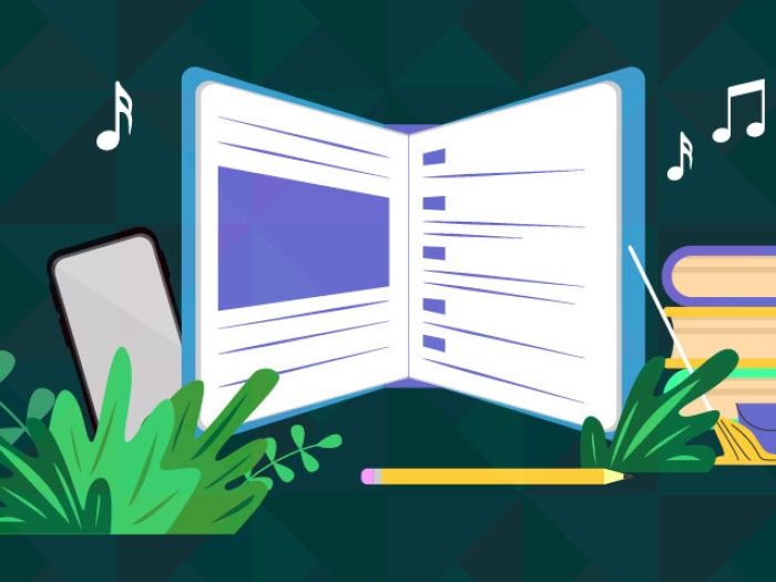 Graphic image with a scheduler, books, music notes, greenery, phone, pencil, schedule and mop