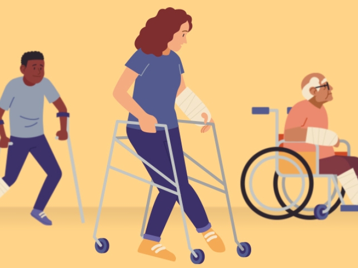 three people walking around with crutches or in wheelchair with broken bones on yellow background