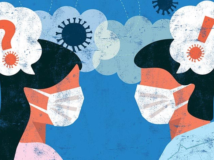 people talking with masks on with question bubble and exclamation bubble above their heads