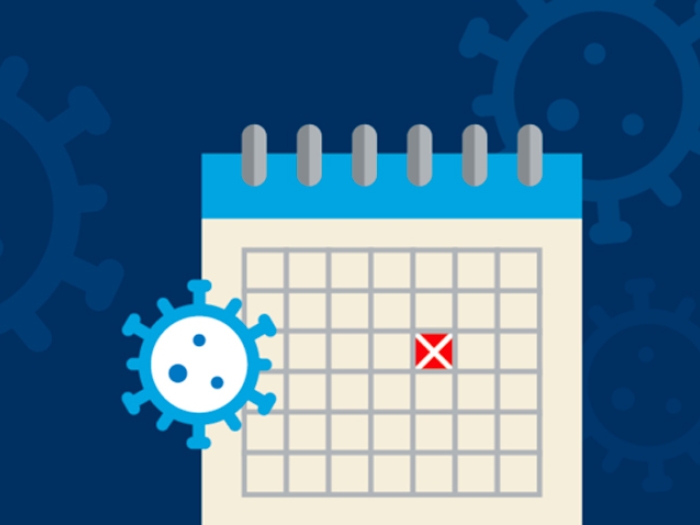 calendar page with red square and covid germ floating in blue and white