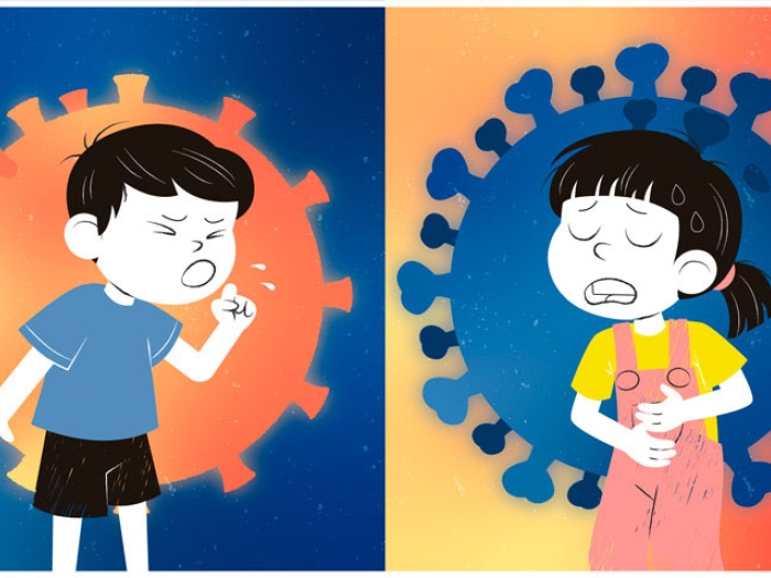 Children coughing touching face and holding stomach