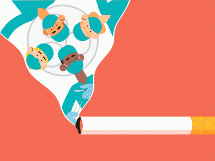 cigarette with surgical doctors in teal scrubs looking down 