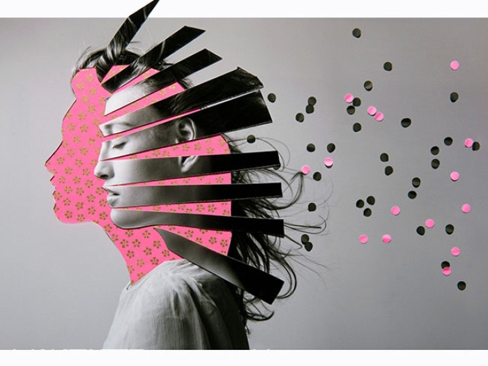 Collage woman pink face confetti and mind