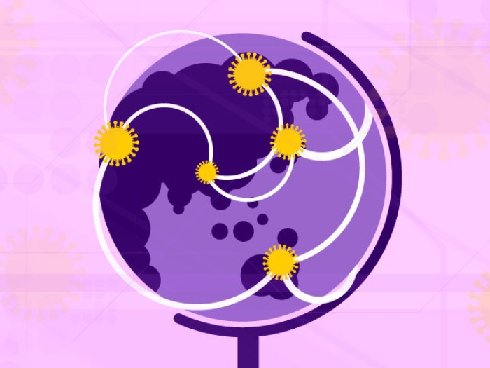 purple globe with orange dots on the map