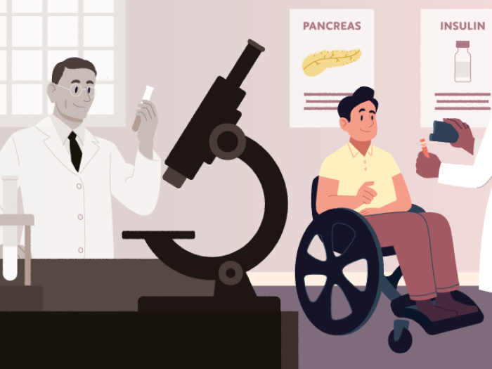 doctor at microscope in black and white wheelchair insulin in photo next to it in a yellow shirt with doctor in color