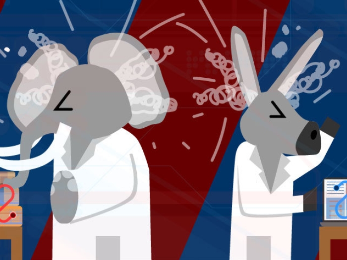 Elephant and donkey frustrated with blue and red backdrop