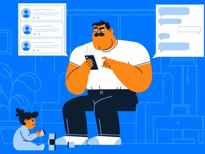 father with white shirt and black pants on who is on his cell phone with kids sitting on floor with blocks and bubbles on right and left of the dad with bright blue background