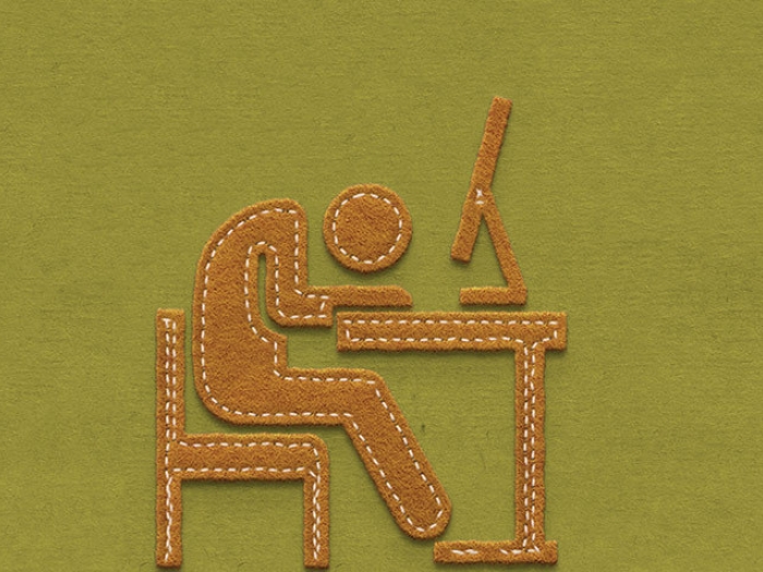 felt person leaning down on desk tired muted yellow and green