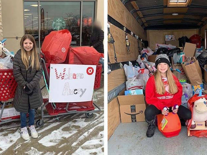 Girl standing near shopping cart full of store items. Girl sitting in truck full of store items.