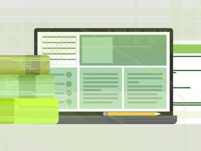 Different colored green, see-through books, computer and paper for homework.