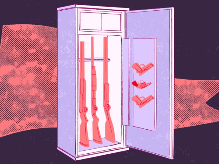 Guns in gun case with red flag