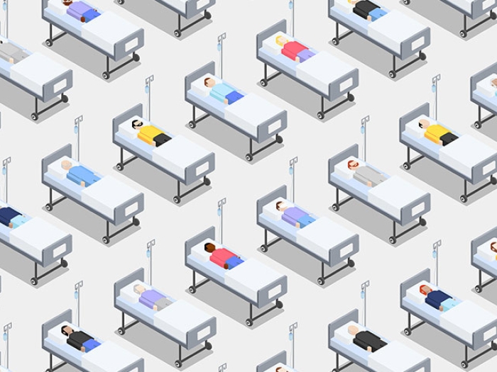 hospital beds crowded different patients white background and beds