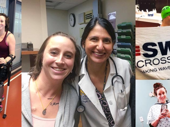 Photos of woman at the doctor's office and a swim meet