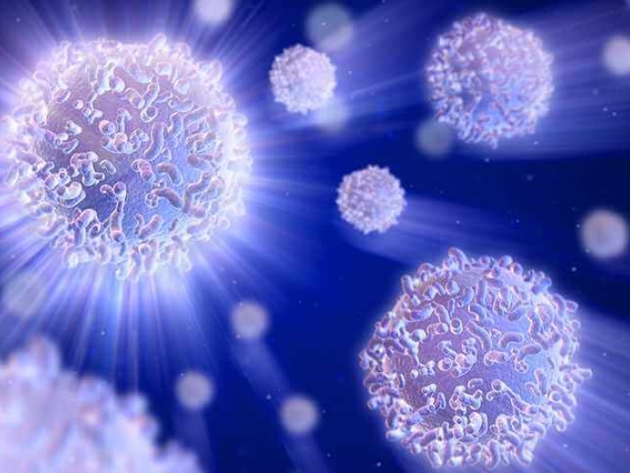 purple-blue cells floating around on dark background