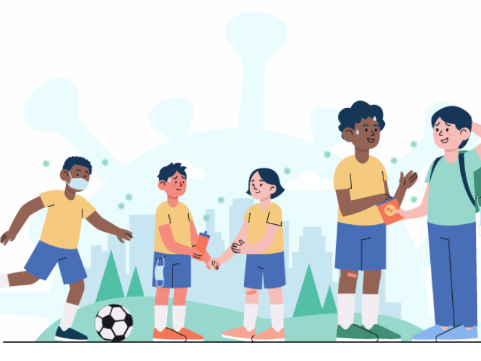 kids soccer talking outside with two parents with only one person wearing a mask properly and virus particles floating around and looming in background in teal color