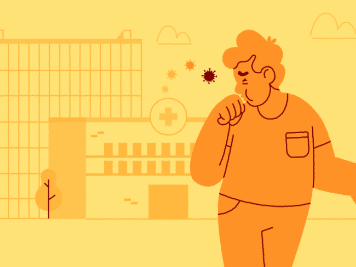 man coughing with cane leaving hospital in orange colors