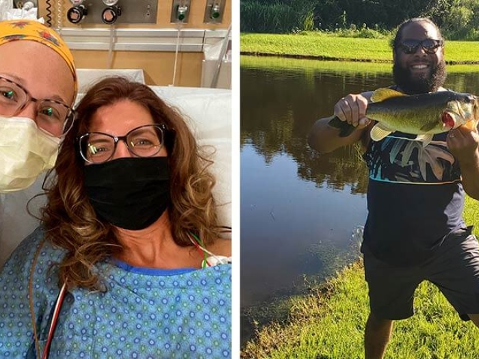 Women in hospital room with masks on. Man near pond holding a fish.