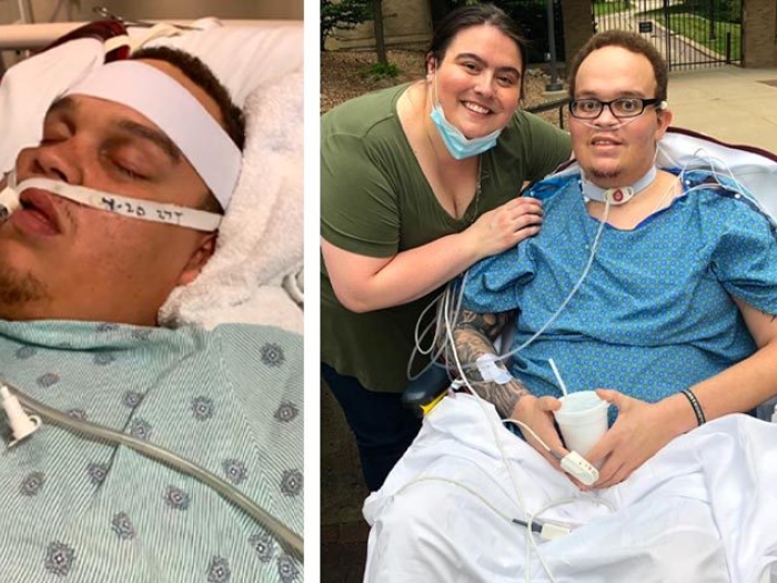 man in hospital bed and man with wife in wheelchair