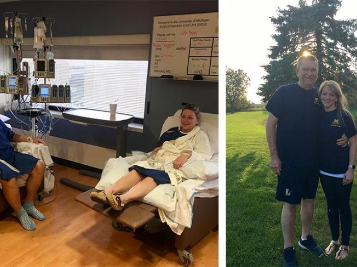 dad and daughter in hospital room in hospital beds and on right father and daughter standing together outside with blue michigan donor shits on
